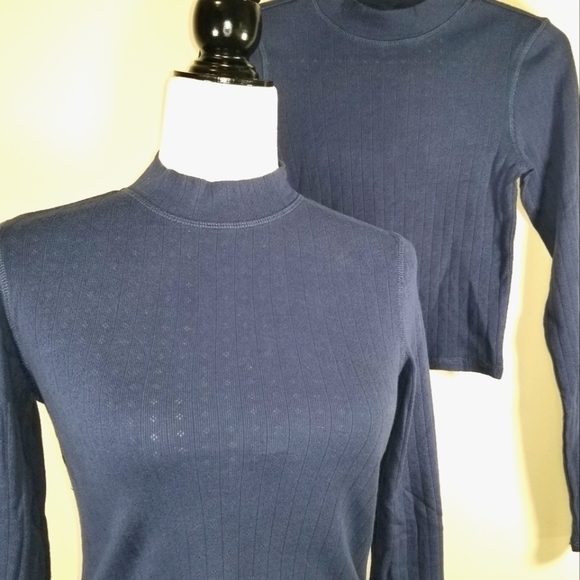 American Eagle Women's Top Navy Blue Long Sleeve Crop Cotton Knit - Picture 4 of 5